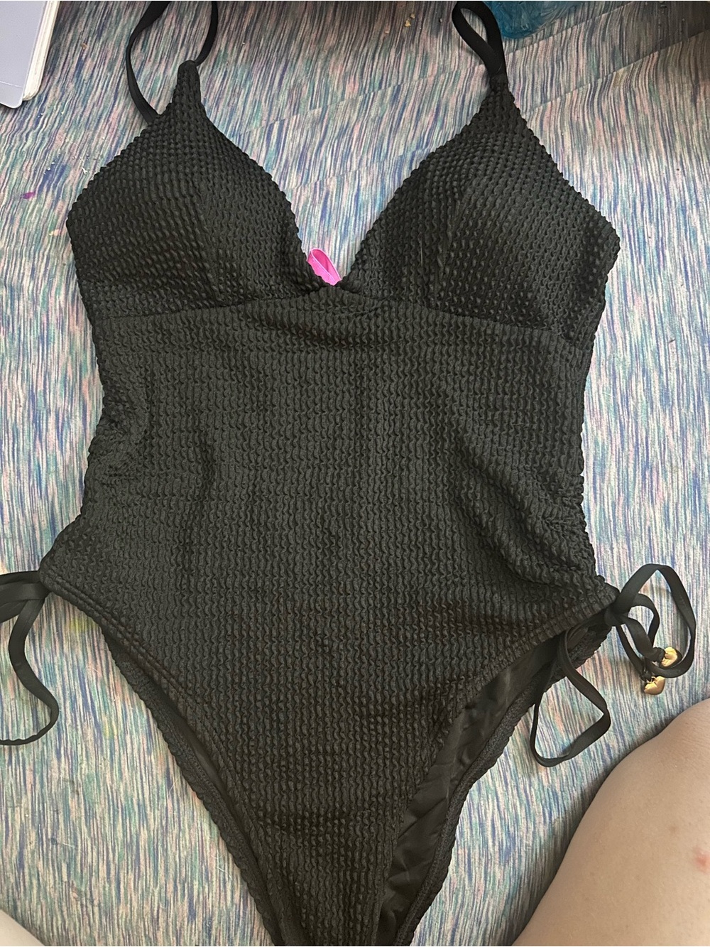 Betsey Johnson Black Textured One-Piece Swimsuit with Side Ties